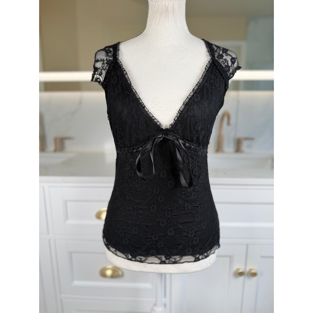 Black Lace Top Womens S Deep V Neck Satin Bow Cap Sleeve Y2K Goth Coquette Sheer